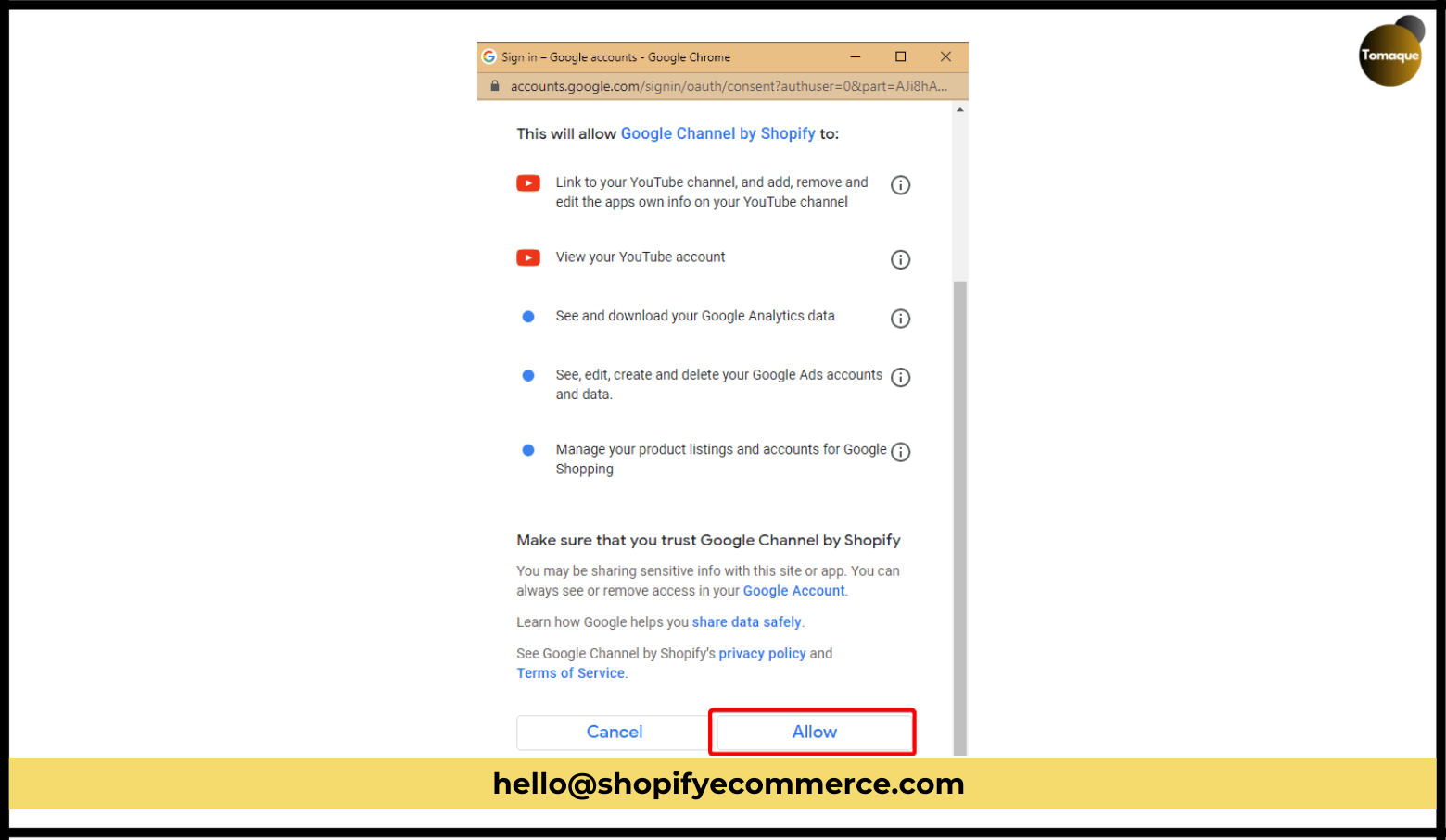 Allow button to authorize Google Channel App to access your account