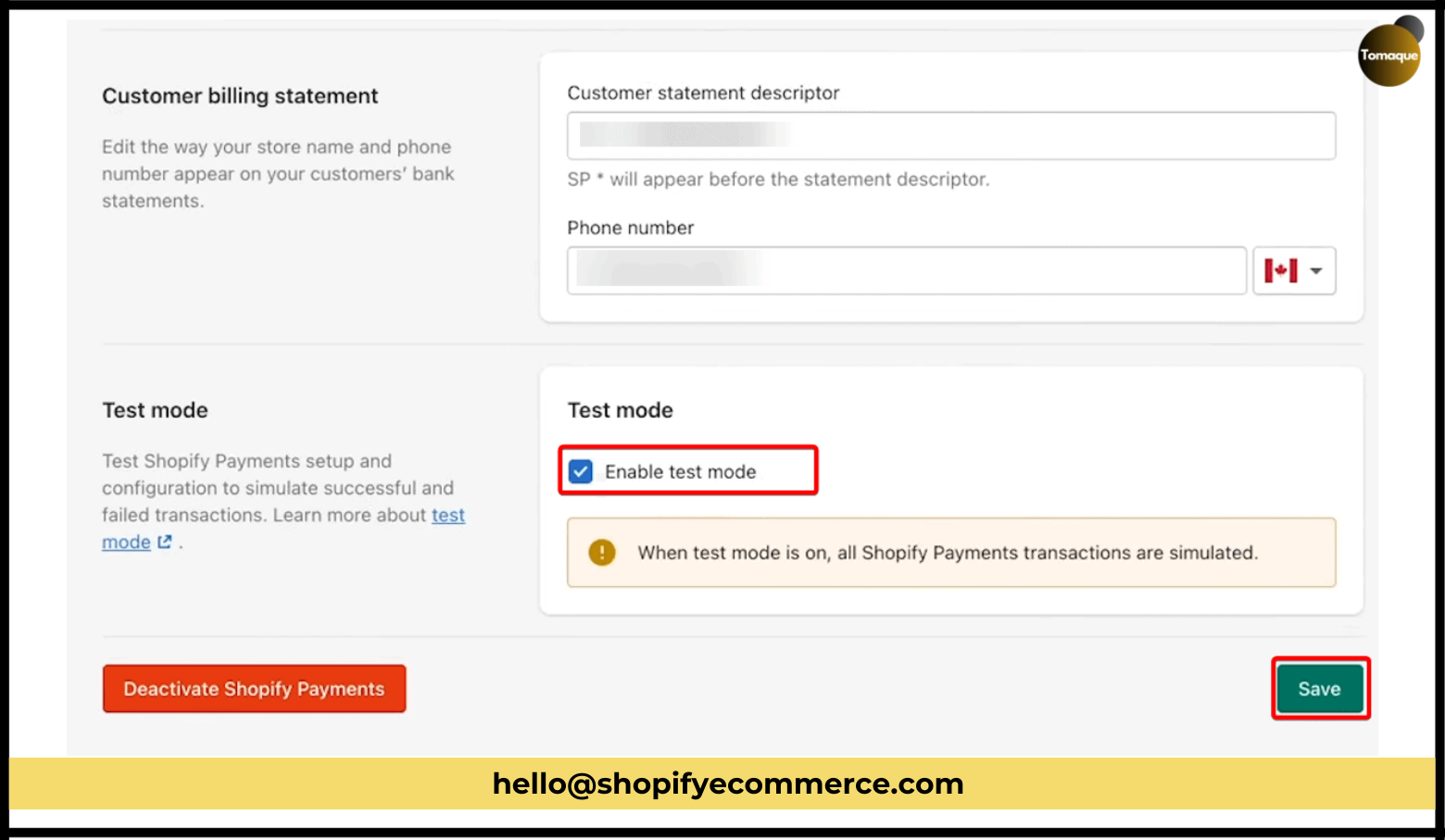 Enable Shopify Payments Test Mode