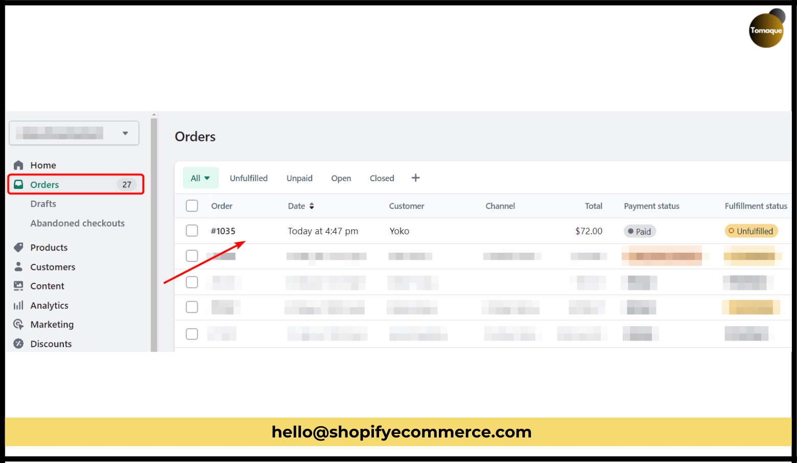 Select the Order in Shopify Admin