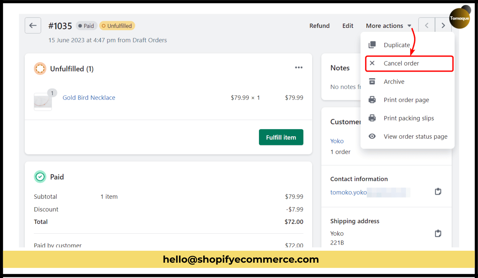 Go to More Actions and Click on Cancel Order