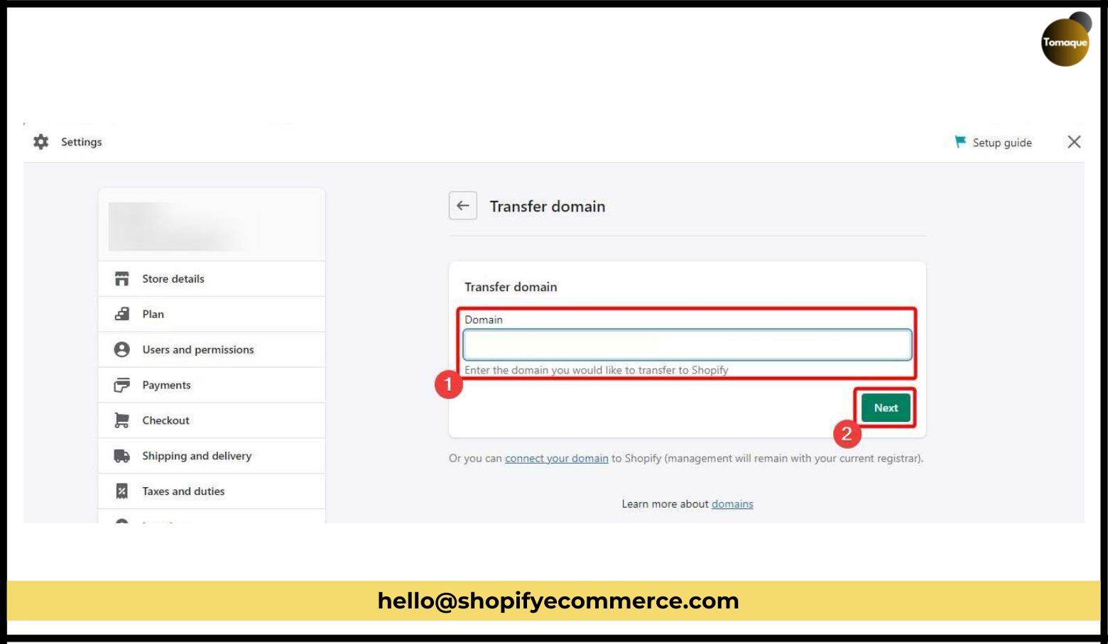 enter the domain name in the Domain field and click the Next button