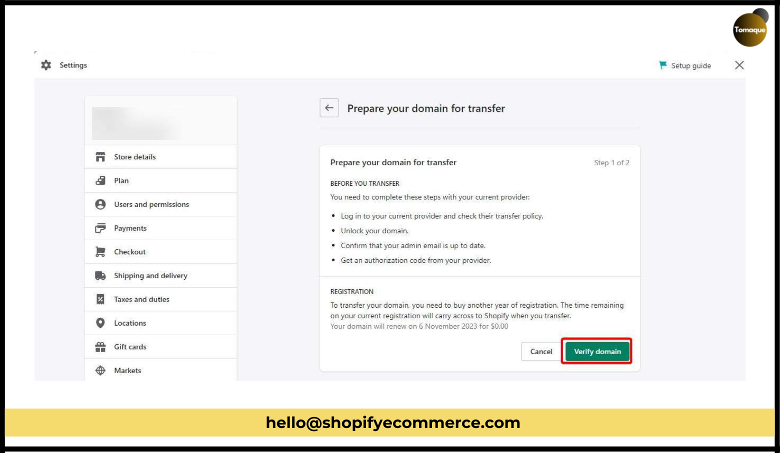 Click on Verify domain to proceed with the final step